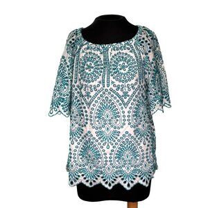 Chicos Womens Embroidered Peasant Top Size 2 White & Teal Cotton Blend